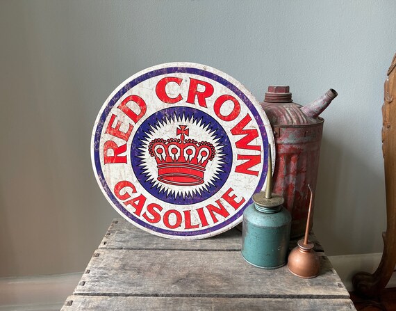 RED CROWN GASOLINEレッドクラウンガソリン　ヴィンテージ琺瑯看板 Vintage Inspired Metal Sign, Red Crown Gasoline Sign, Industrial