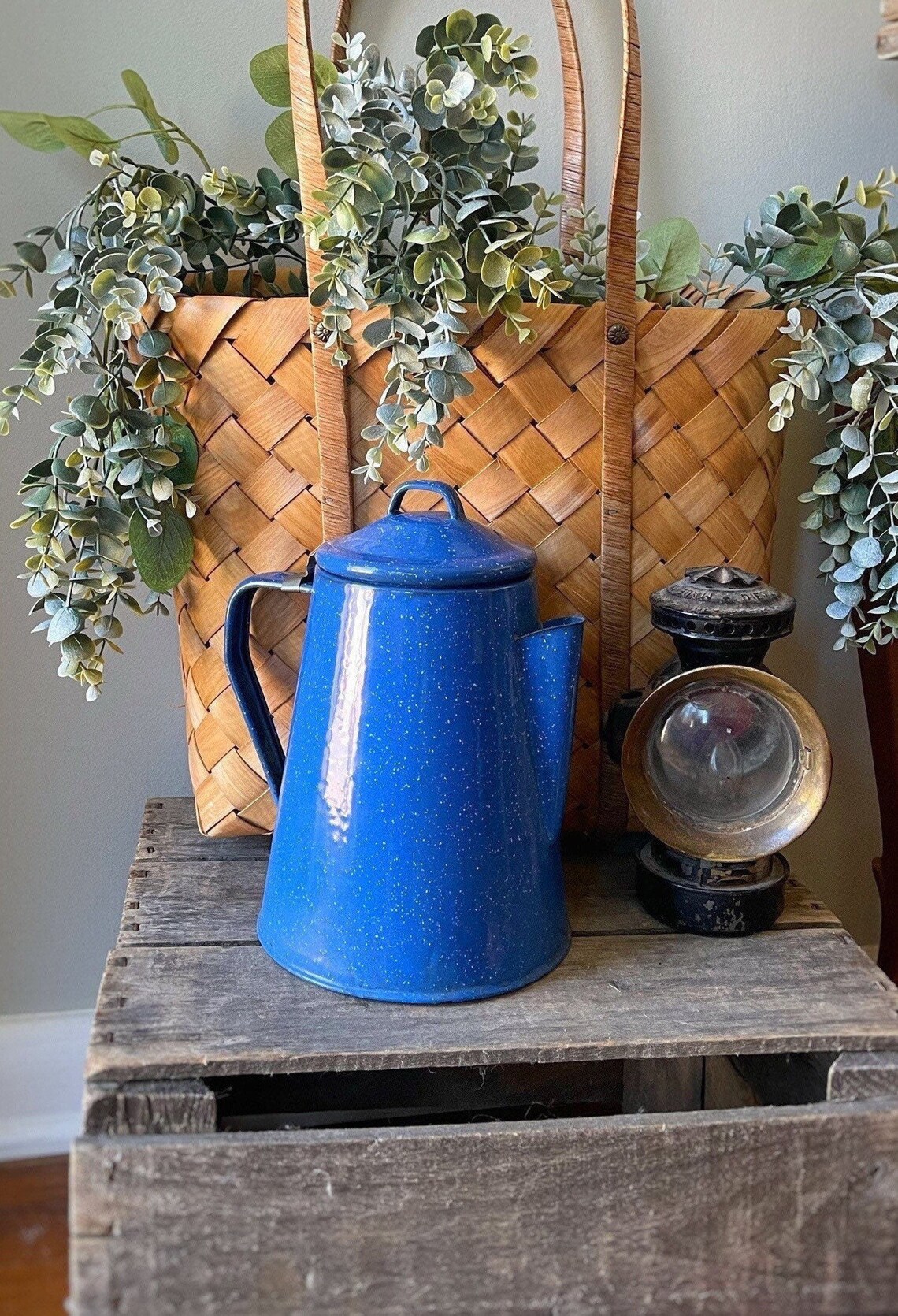 Vintage Enamelware Coffee Pot Blue Speckled Enamelware Pot Etsy