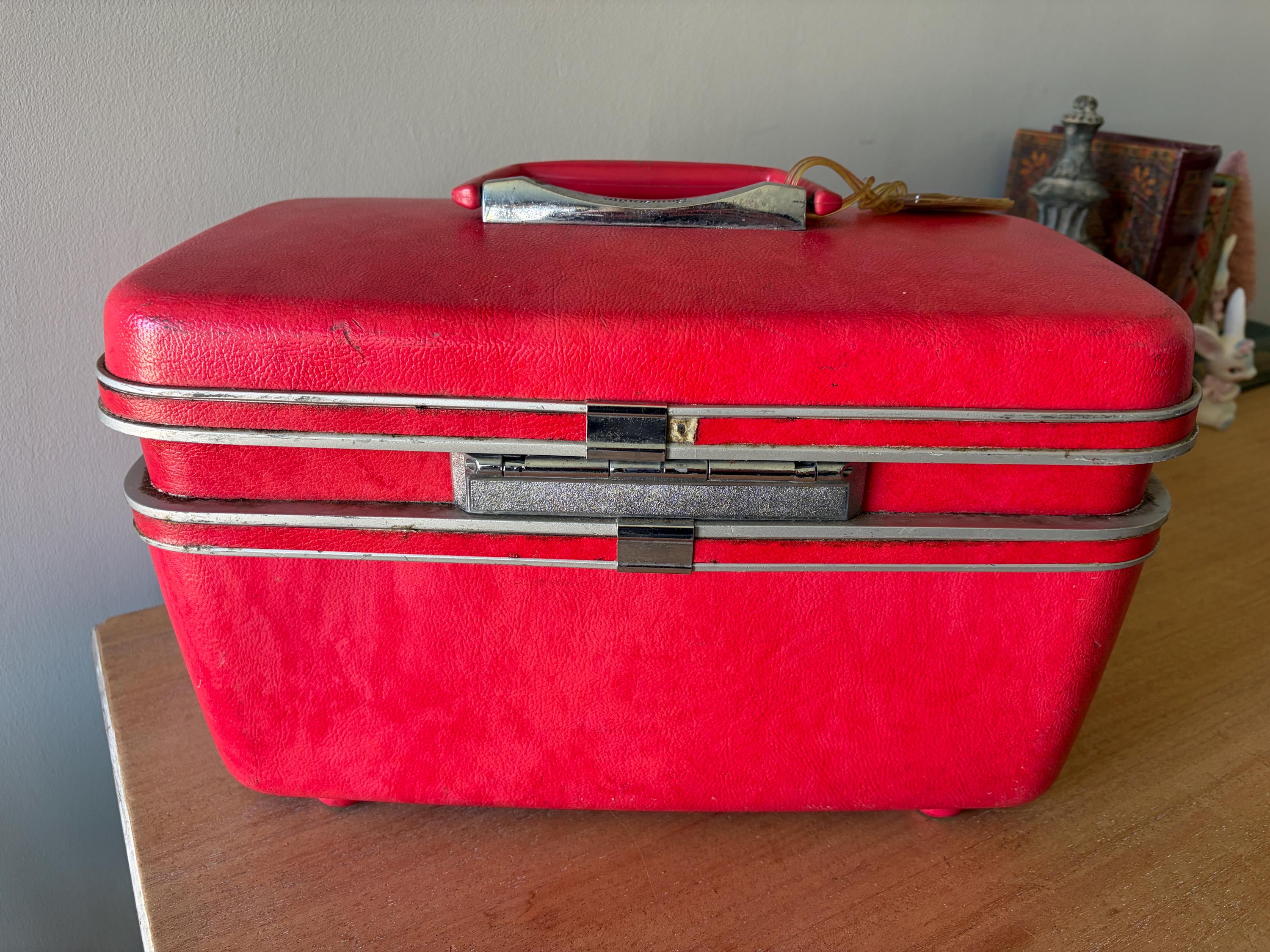 Vintage Samsonite Train Case, Bright Red Travel Luggage, Retro