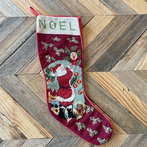Vintage Christmas Stocking, Santa Needlepoint Stocking, Vintage Stocking, Needlepoint Stocking, Handmade Stocking, Santa Christmas Stocking