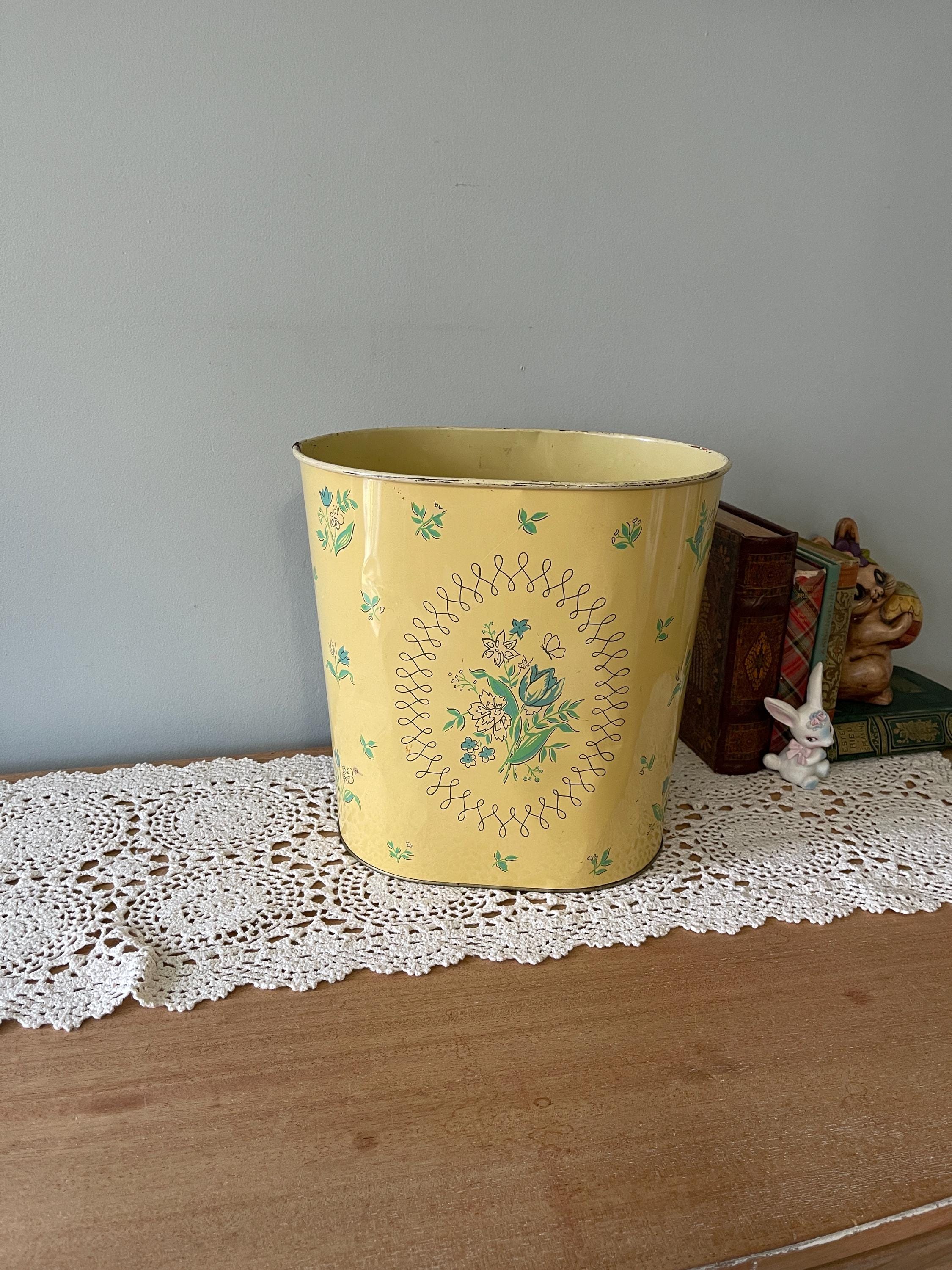 Vintage Yellow Floral Trash Can, Vintage Nursery Trash Can