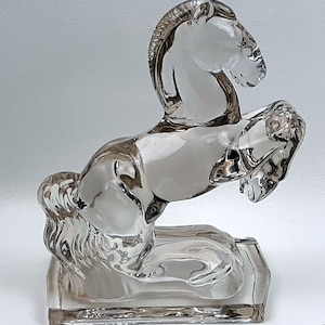 LE Smith Glass &quot;Rearing Horse&quot; Bookend / Art Glass Sculpture - Clear
