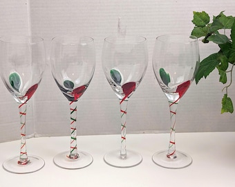 Pier 1 Imports, "Twisted Ribbon, Red & Green" - Four (4) Wine Glasses - DISCONTINUED