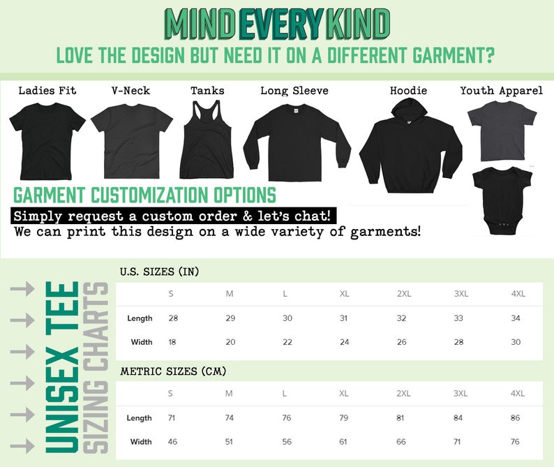 Puede incluir: Un gr&aacute;fico que muestra las tablas de tallas de camisetas unisex en pulgadas y cent&iacute;metros. El gr&aacute;fico incluye tallas desde la S hasta la 4XL. El gr&aacute;fico est&aacute; titulado "Unisex Tee Sizing Charts".
