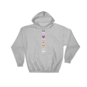 May include: A gray hooded sweatshirt with a vertical design of five hearts, each with a different pride flag design. The text "Love is Love" is written below each heart.
