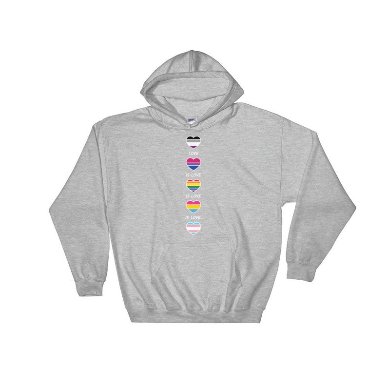 May include: A gray hooded sweatshirt with a vertical design of five hearts, each with a different pride flag design. The text "Love is Love" is written below each heart.
