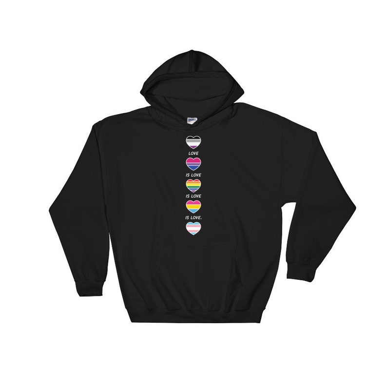 May include: Black hooded sweatshirt with a vertical row of five rainbow hearts, each representing a different sexual orientation. The text "LOVE IS LOVE" is written below each heart.