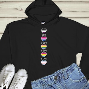 May include: Black hooded sweatshirt with a vertical row of five hearts, each with a different pride flag design. The text "LOVE IS LOVE." is printed below the hearts.