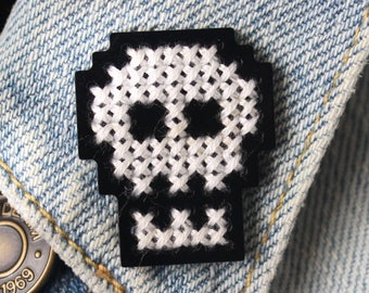 Cross Stitch Skull Pin - Craft Acrylic Lapel Pin - Handmade Accessory