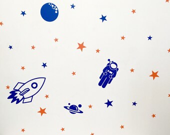Outer Space Wall Stickers, Stars Planets Rocket Astronaut Decals, Peel & Stick Removable Vinyl Accent Wall/Ceiling Nursery Kids Room