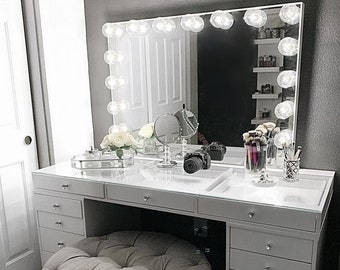 vanity mirror and desk with lights