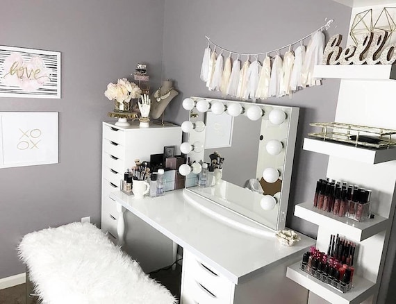 makeup vanity with lights and drawers