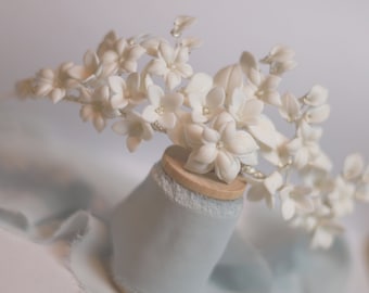 White floral ceramic wedding tiara, floral bridal hairband, White and  silver bridal hair accessory, ceramic flowers,