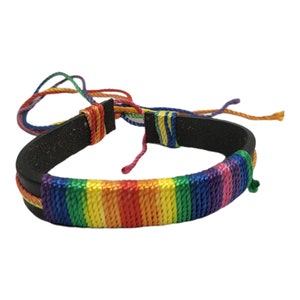 Hand Tied Rainbow Color Leather and Twine Pride Bracelet Sz Adjustable