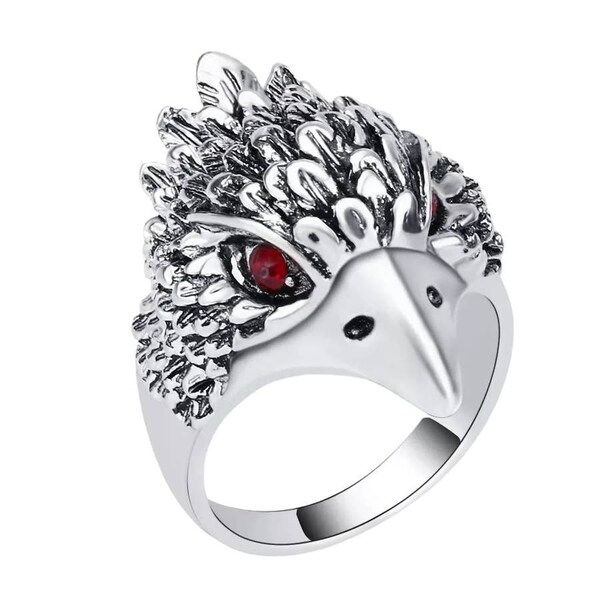 Antiqued Ancient Silver Round Red Crystal Eye Falcon Head Ring Size 10