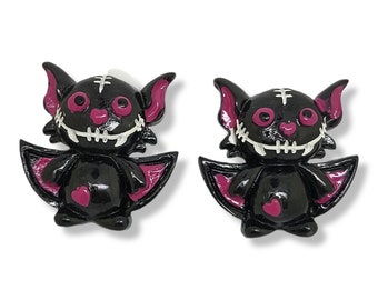 New! Black White Pink Resin Enamel Spooky Halloween Vampire Bat Earrings