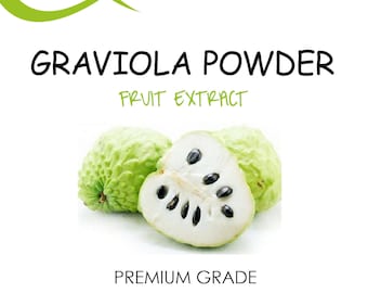 Pode incluir: Uma fruta de graviola verde e branca, cortada ao meio, com sementes pretas. A fruta é etiquetada como "Graviola Powder, Fruit Extract, Premium Grade". O produto é certificado sem glúten, não GMO e orgânico USDA. O peso líquido é de 3,52 oz (100 g).