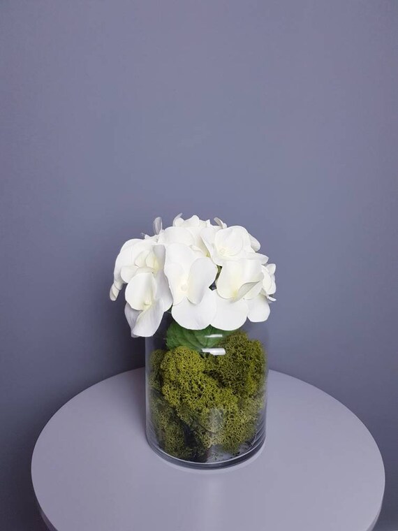 Hydrangea Moss Arrangement In Glass Vase Silk Flower Floral Etsy