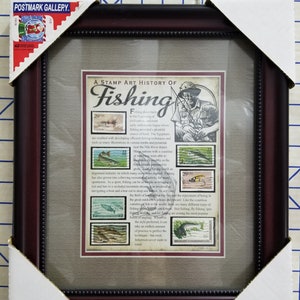 United States Postal Service framed print with collection of Fishing Stamps, from 2008. 7 fishing stamps in a framed print.