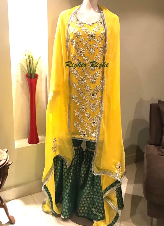 Mayun Mehndi Dress / Gharara Kameez / Yellow Green Silver Gota Patti / Mirror Work / Pakistani Dress / Indian Wedding Dress / Ready To Ship