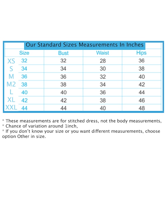 Size Chart For Pakistani Shalwar Kameez