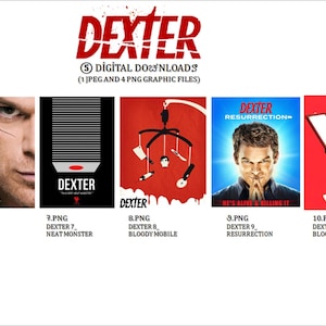 Op de afbeelding: Een verzameling digitale downloads met promotiemateriaal van de televisieserie "Dexter". De afbeeldingen bevatten karakterportretten, grafische ontwerpen en het logo van de show in rood en wit. De collectie bevat 1 JPEG- en 4 PNG-bestanden.