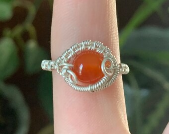 Wire Wrapped Orange Agate Sphere Ring - Size 8.5 -