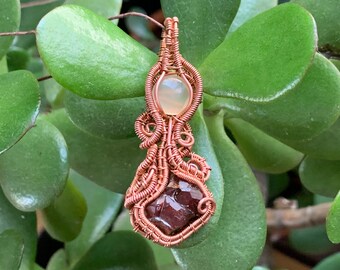 Wire Wrapped Garnet and North Dakota Agate Pendant “Sunvine”