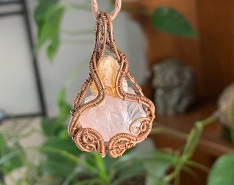 Wire Wrapped Citrine and Rose Quartz Pendant “Sunrise”