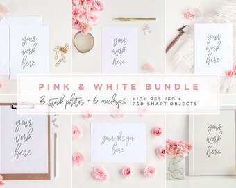 Download Free Mockup Bundle Frames and Cards with Flowers | Pink & White | Invitation Mockup, Artwork Display, Greeting Card Mockup PSD Template