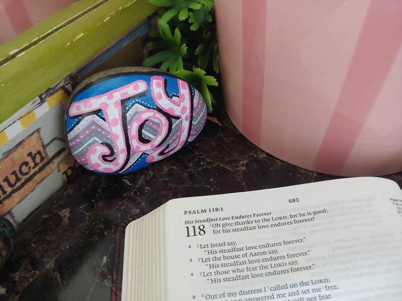 stone inspirational hand painted scripture Joy painted rock Bible verse