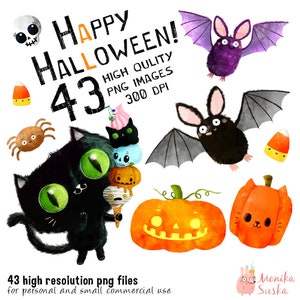 Cute Halloween clipart bundle, Halloween black cat, pumpkins, ghost and more, printable art, clip art