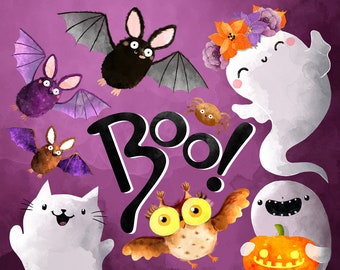 Halloween clipart | ghost, bat, owl, pumpkin, cat | printable | watercolor clipart | commercial use | clip art|