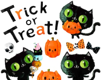 Halloween Clipart cute, Black Cat with Pumpkin Digital Clip Art Illustration