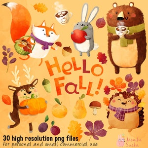 Clipart de outono | clipart de outono | imprimível | clipart aquarela | download digital | clipart | uso comercial | animais da floresta, raposa