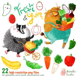 Vegetable Clipart | Animal Clipart | printable | watercolor clipart | digital download | clip art | commercial use | farm clipart badger cow