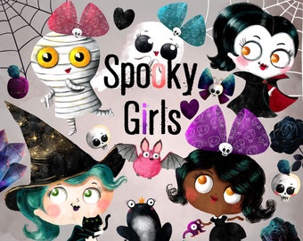 Halloween watercolor clipart, Halloween girl clipart, Halloween clipart, Ghost clipart, digital download, Witch clipart, Watercolor clipart