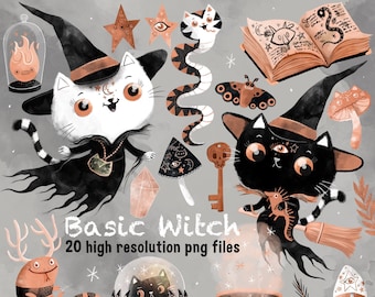 Cute Halloween cat witches clipart, printable Halloween art, Halloween clip art, cat clipart, witch clipart