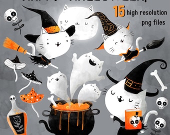 Halloween clipart cute white cats witches | printable art | instant download | personal and small commercial use | halloween clip art |cat