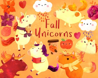 Fall Unicorn Clipart, Unicorn Clipart, Fall clipart, Autumn clipart, Commercial use, Watercolor Clipart, Printable, Digital downlod