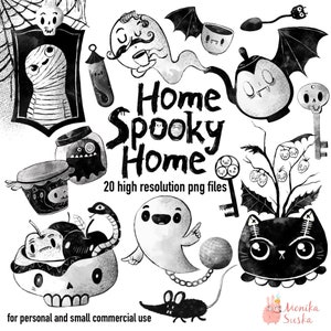 Imágenes prediseñadas de Halloween en blanco y negro, descarga digital de Halloween, imágenes prediseñadas pintadas a mano de Halloween, imágenes prediseñadas de Halloween,