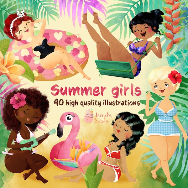 Summer beach girls clipart, summer watercolor clipart, summer clipart, tropical clipart, woman clipart, digital download, jungle leaves