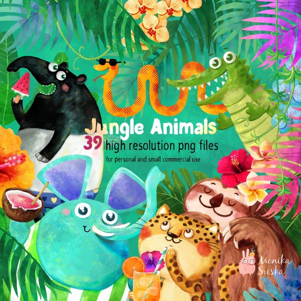 Jungle Animals clipart, summer clipart, jungle clipart, animals clipart, tropical clipart, tropical leaves clipart, digital download,