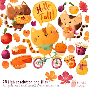 May include: A set of 25 digital illustrations featuring cute cats in various autumnal scenes. The illustrations include cats with pumpkins, pie, and bicycles, as well as fall leaves, apples, and pears. The text "Hello Fall!" is included in the image.