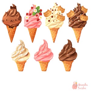 May include: Nine different ice cream cones with various toppings, including chocolate, strawberry, vanilla, and sprinkles. Some cones have cute cat-shaped cookies on top.