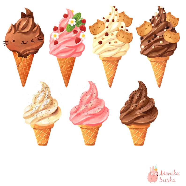 May include: Nine different ice cream cones with various toppings, including chocolate, strawberry, vanilla, and sprinkles. Some cones have cute cat-shaped cookies on top.