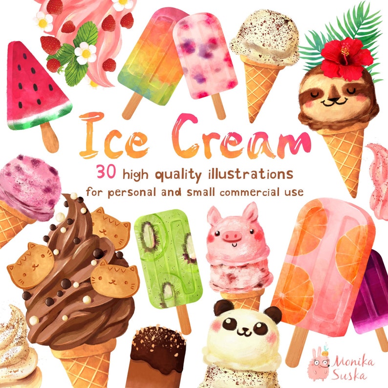 May include: A collection of 30 watercolor illustrations of ice cream cones, popsicles, and other frozen treats. The illustrations feature various flavors, toppings, and characters, including a sloth, a panda, and a pig. The text "Ice Cream" and "30 high quality illustrations for personal and small commercial use" is included in the image.