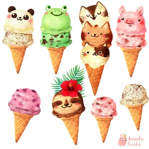 May include: A set of nine ice cream cones with various animal faces on top. The cones are decorated with different flavors and toppings, including chocolate, strawberry, and vanilla. The animals include a panda, a frog, a cat, a sloth, and a pig.