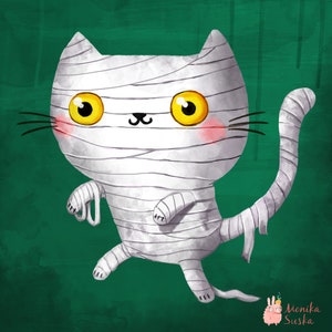 May include: A white cat with yellow eyes is wrapped in white bandages, like a mummy. The cat has pink cheeks and is walking with its tail curled up behind it. The background is a dark green.