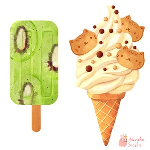 May include: Two watercolor illustrations of summer treats. A green kiwi popsicle and a white ice cream cone with chocolate chips and cat-shaped cookies.